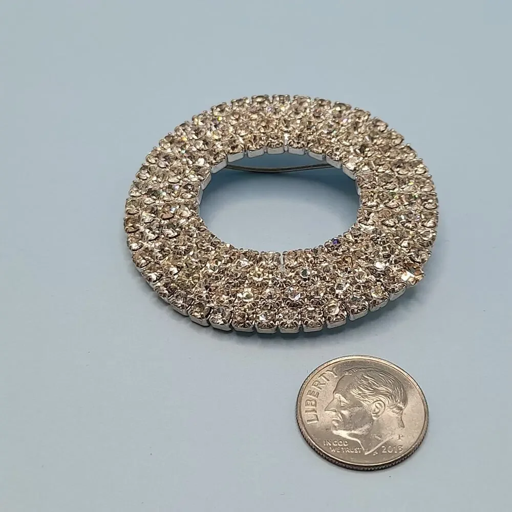 Vintage RMN Clear Rhinestone Oval Brooch, 1 7/8 Inches
